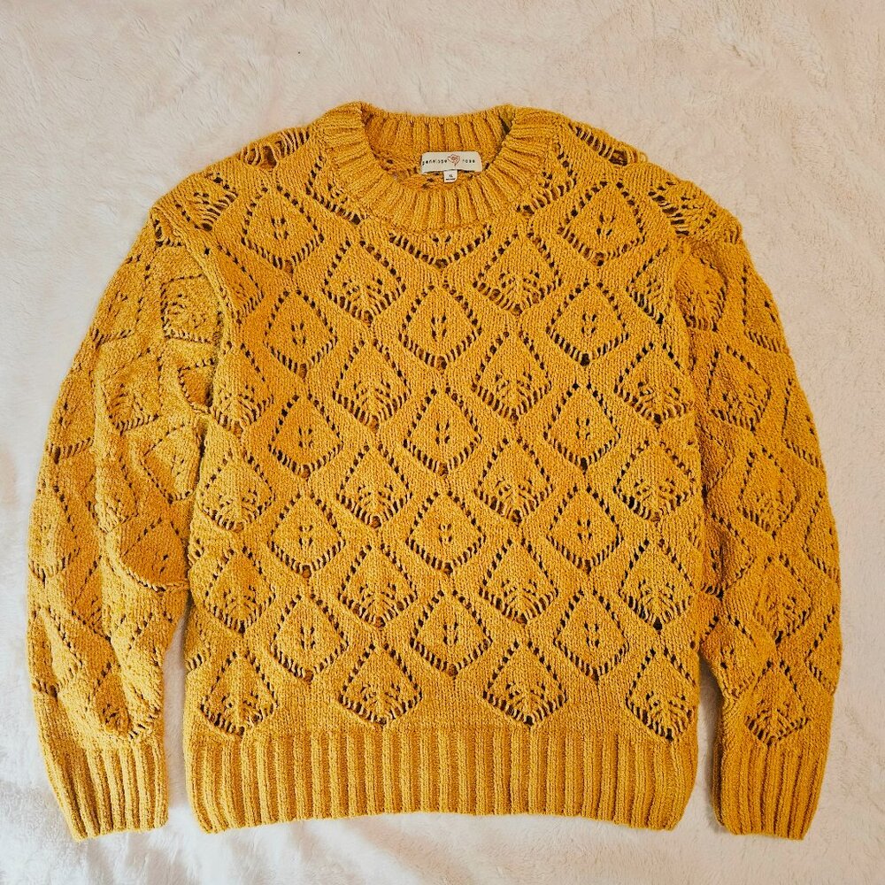 Penelope Rose Women's Cozy Openwork Sweater Long Sleeves Mustard Yellow Size XL